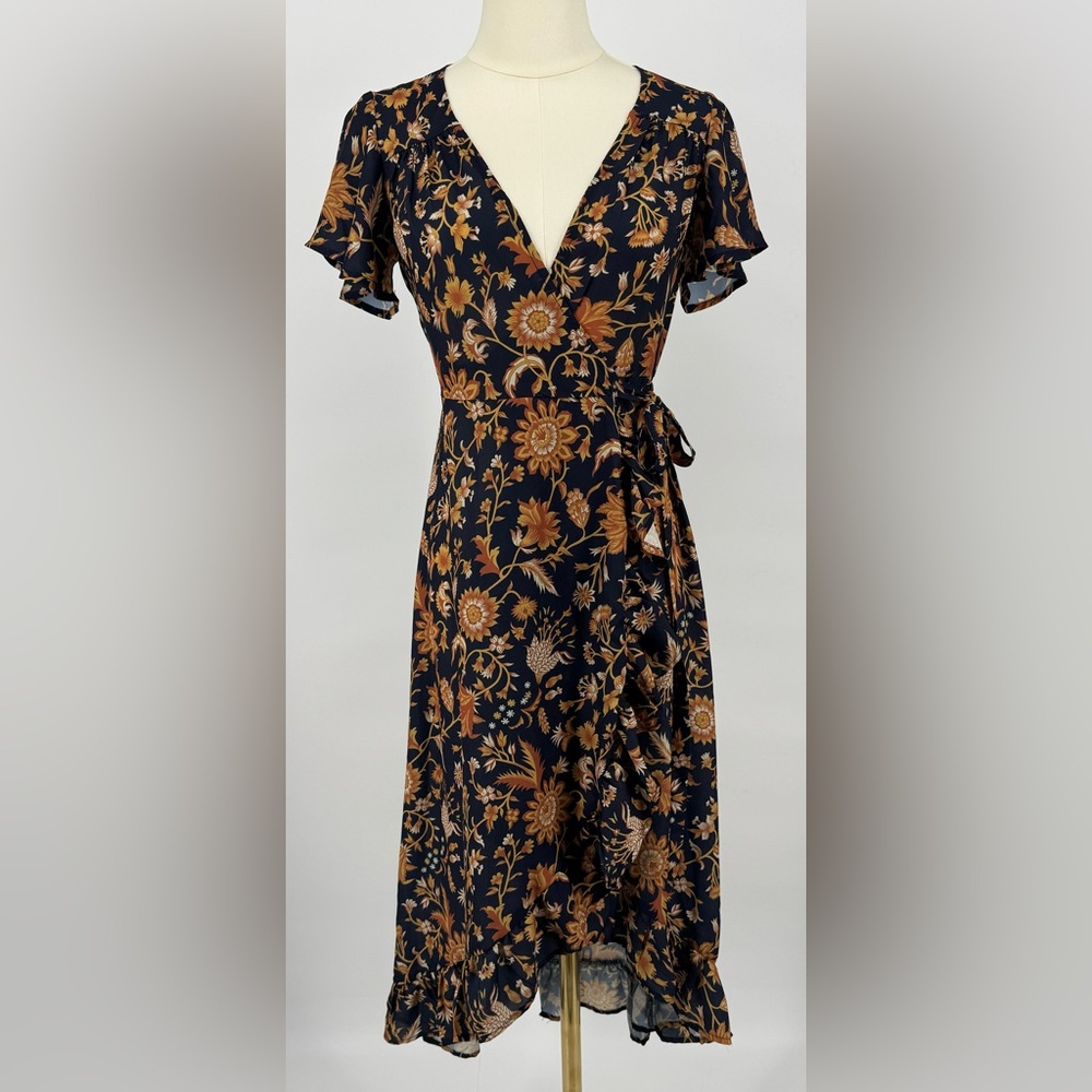Dee Elly navy and mustard, yellow floral ruffle wrap dress